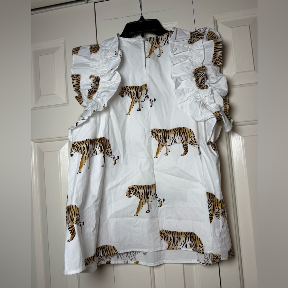 White Tiger-Print Ruffle Sleeve Blouse - Picture 9 of 11